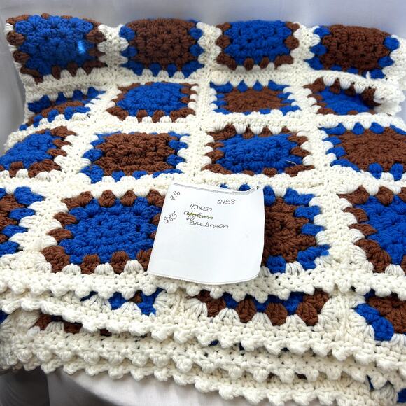 Afghan Handmade USA Blue Brown Ivory 93 x 58 bedding throw blanket - Picture 5 of 5